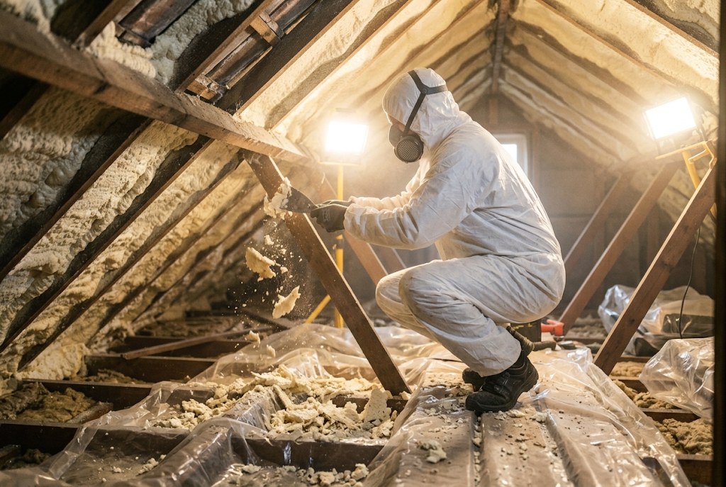 Foam being scraped from a timber by hand.
